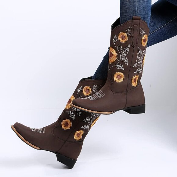 Women Cowboy Boots Sunflower Embroidery Stitched Square Toe Low Heel Western - Picture 5 of 6